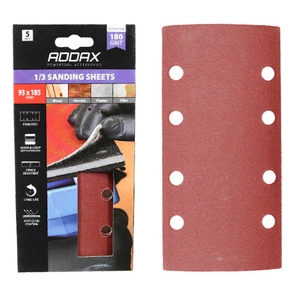 Addax 1/3 Sanding Sheets 180 Grit Red Punched - 93 x 185mm (5 Pack)